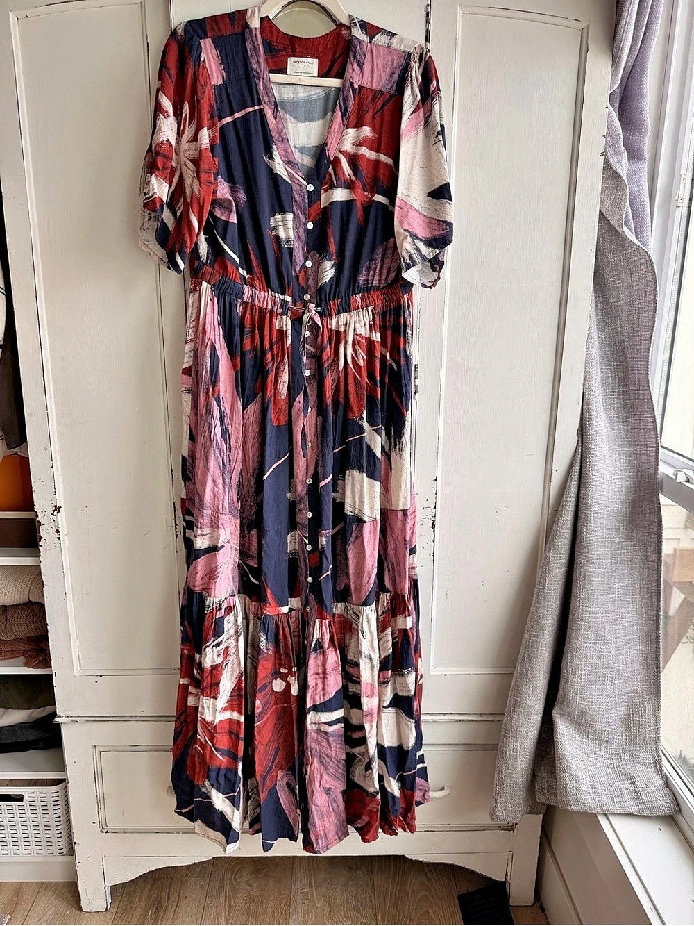 Jackson Rowe Abstract Print Tiered Maxi Dress in Blue & Red